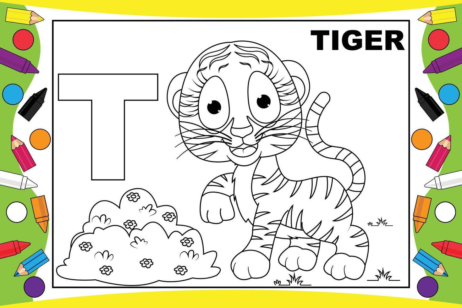 desenho de tigre para colorir com alfabeto para crianças vetor