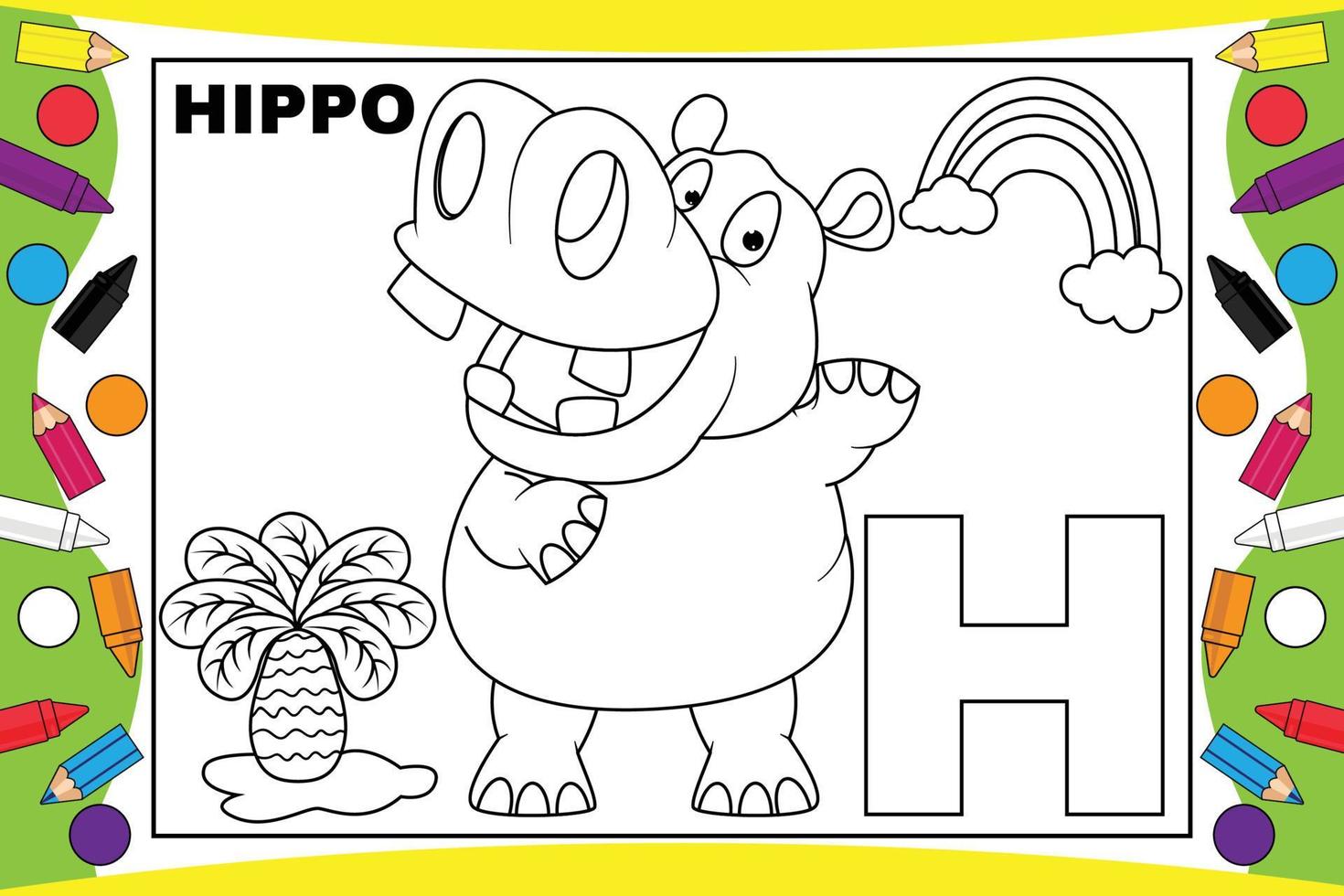 colorir desenhos animados de hipopótamo com alfabeto para crianças vetor