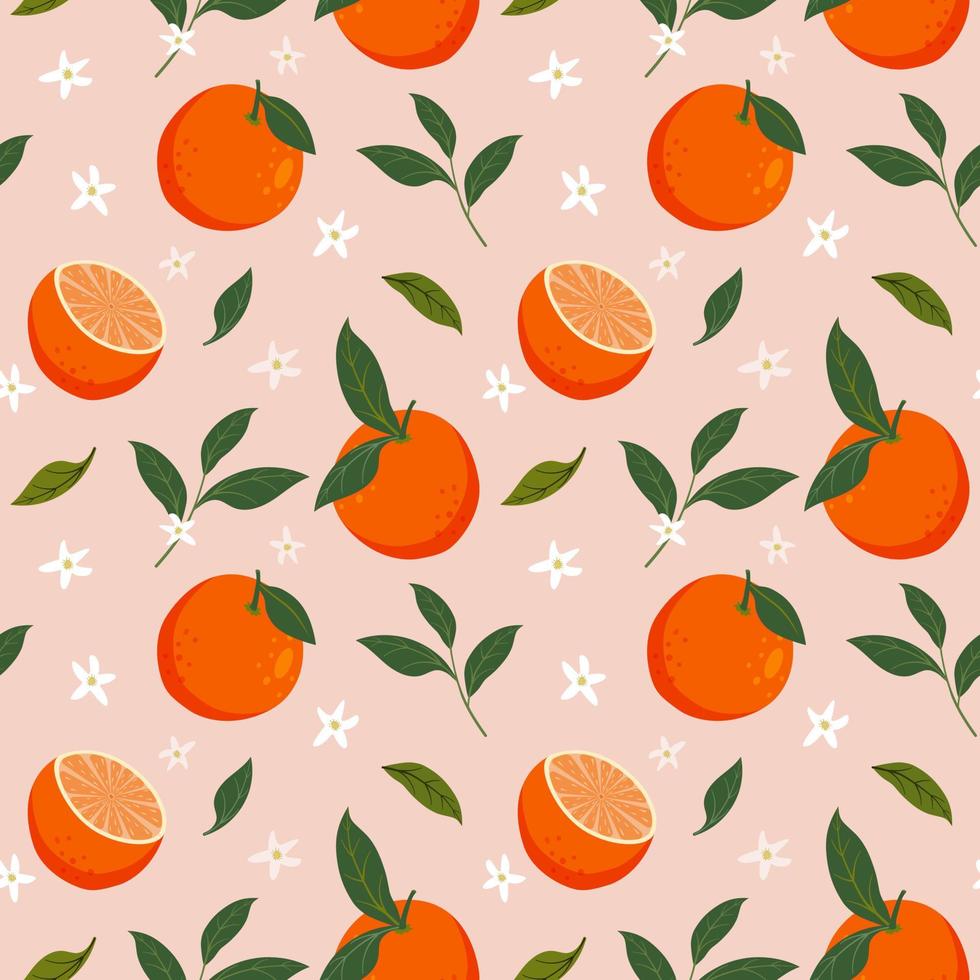 laranjas tropicais de verão com padrão sem emenda de folhas e flores em fundo rosa pastel. design vetorial com frutas para papéis de parede, têxteis vetor
