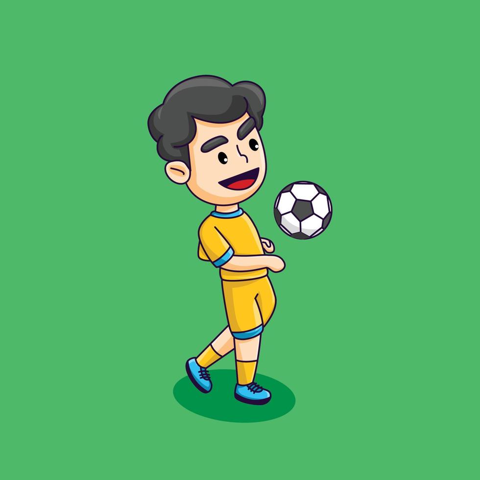 menino bonito jogando futebol, menino feliz chutando a bola, ilustração vetorial de desenho animado vetor