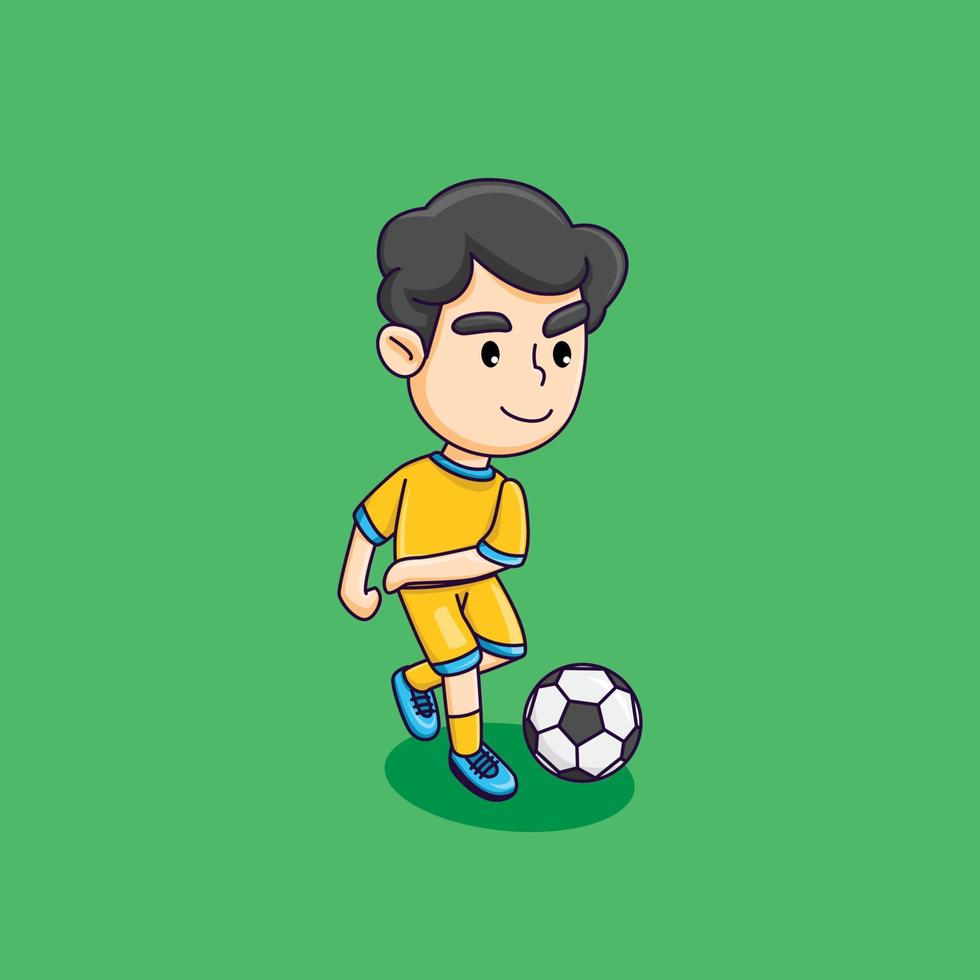 menino bonito jogando futebol, menino feliz chutando a bola, ilustração vetorial de desenho animado vetor