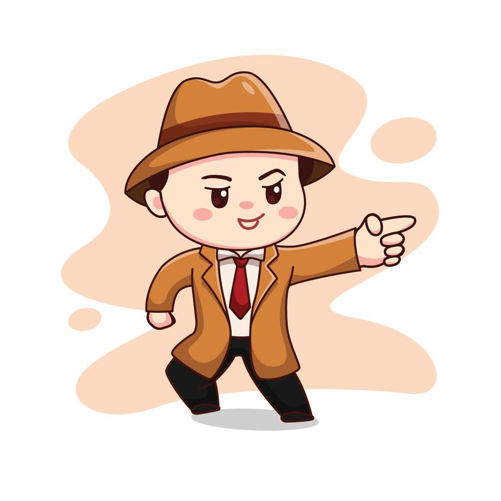 ilustração de detetive fofo ou homem vestindo terno marrom com personagem kawaii chibi dedo apontando vetor