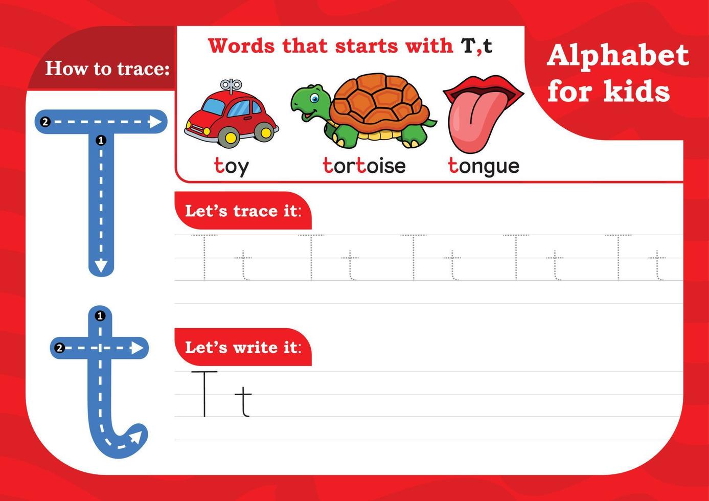 planilha letra t, letra prática de rastreamento do alfabeto t. letra t maiúscula e minúscula traçando com brinquedo, tartaruga e língua. exercício de caligrafia para crianças - planilha para impressão. vetor