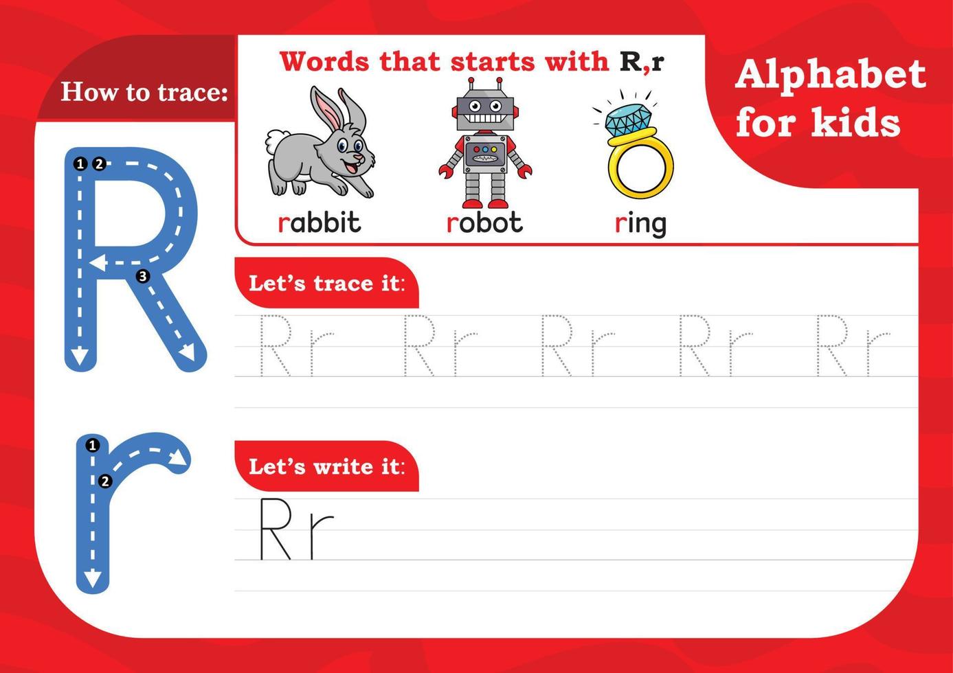letra de planilha r, letra de prática de rastreamento do alfabeto r. letra r maiúsculas e minúsculas traçando com coelho, robô e anel. exercício de caligrafia para crianças - planilha para impressão. vetor