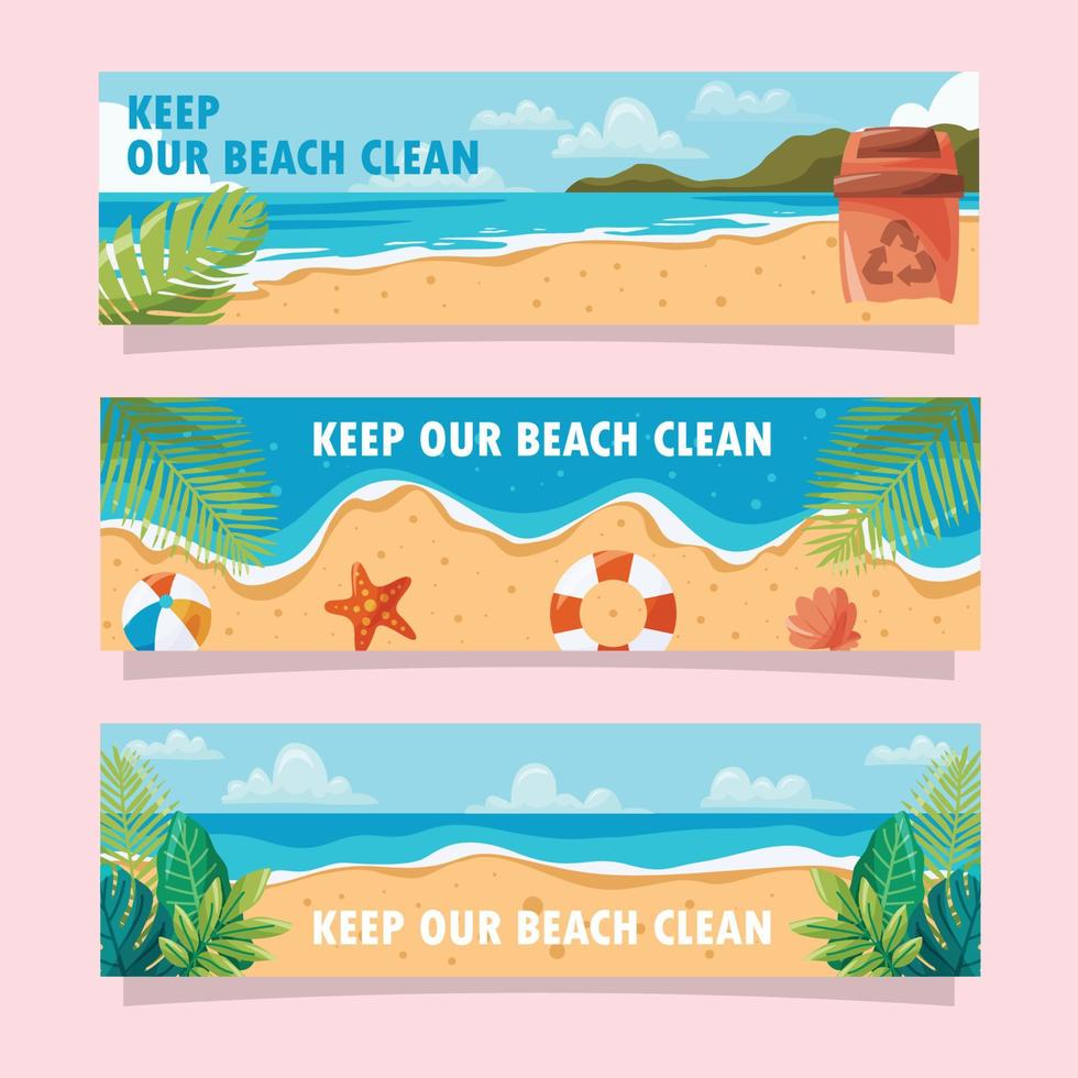 coleção de banners desenhados à mão de doodle de limpeza de praia vetor