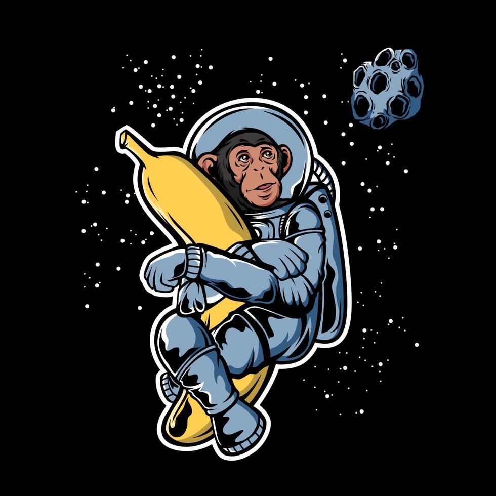macaco astronauta abraçando banana na ilustração do espaço vetor