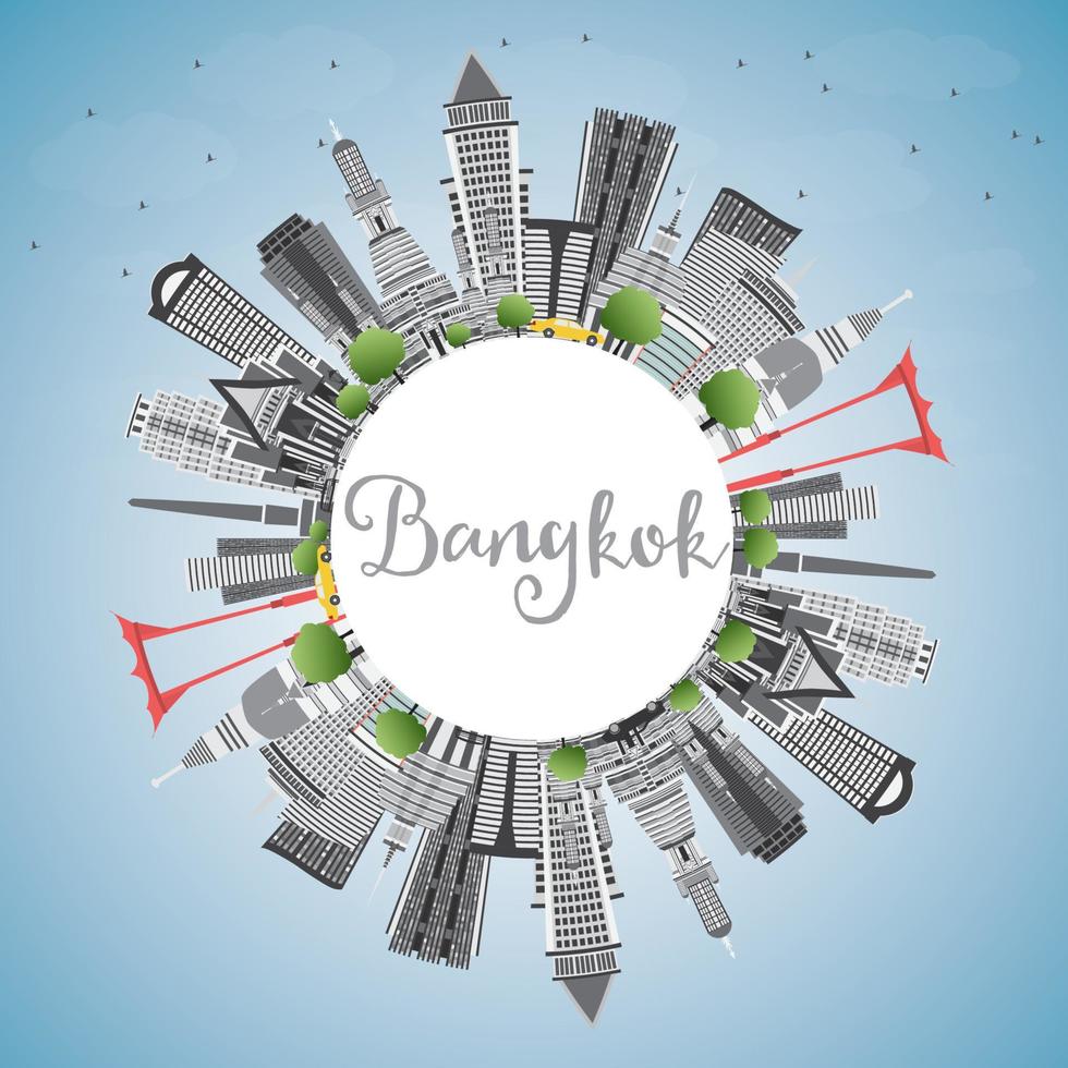 horizonte de bangkok com marcos cinza, céu azul e espaço de cópia. vetor