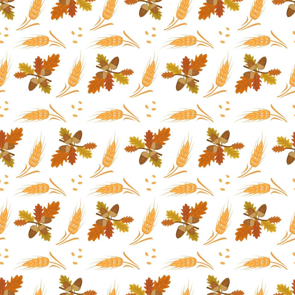 padrão de outono sem costura com bolotas, folhas de carvalho e espigas de trigo em fundo branco. impressão de colheita de outono brilhante para têxteis e design. ilustração vetorial plana vetor