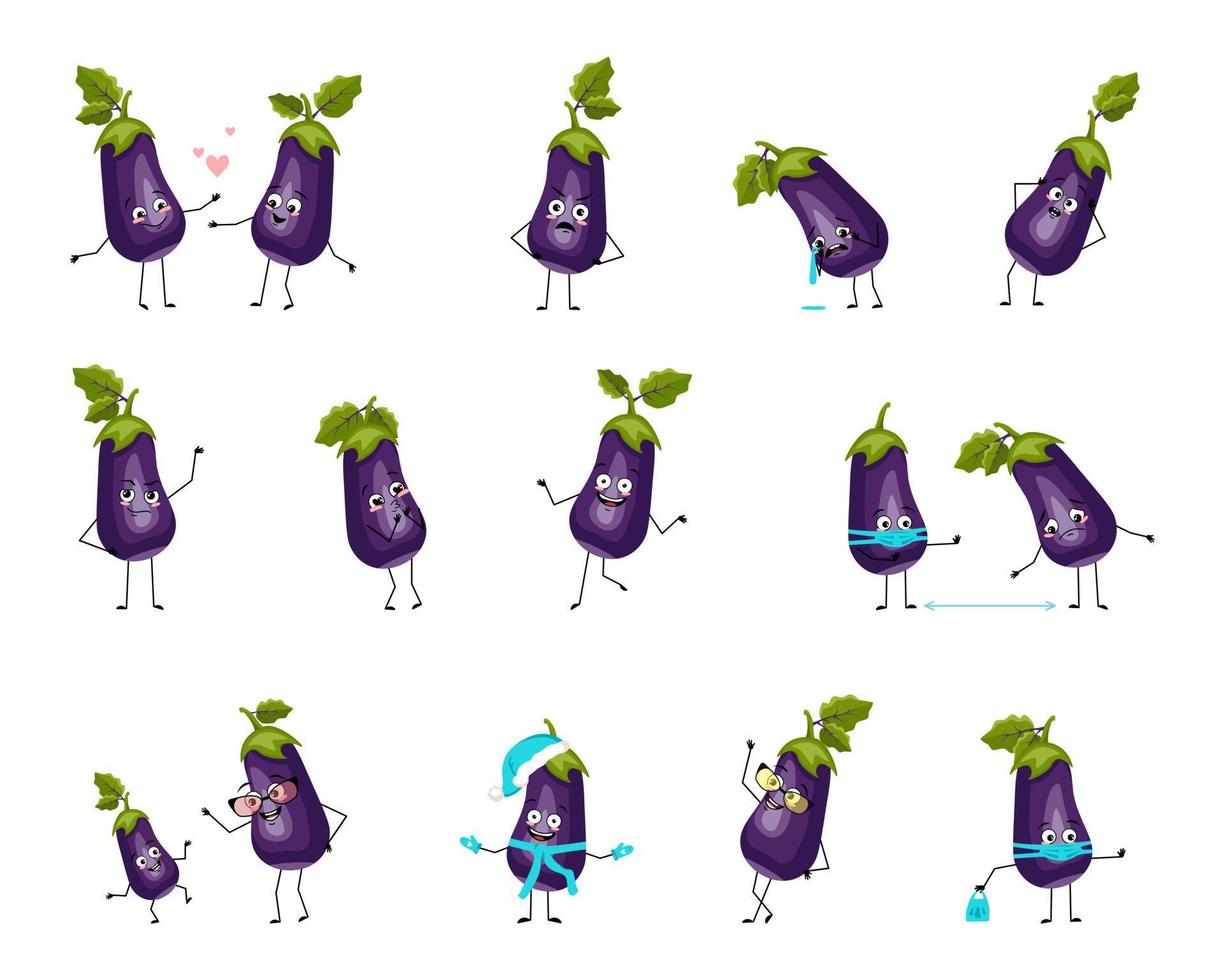 personagem de berinjela com emoções felizes ou tristes, pânico, rosto amoroso ou corajoso, mãos e pernas. vegetal alegre, pessoa com máscara, óculos ou chapéu. ilustração vetorial plana vetor