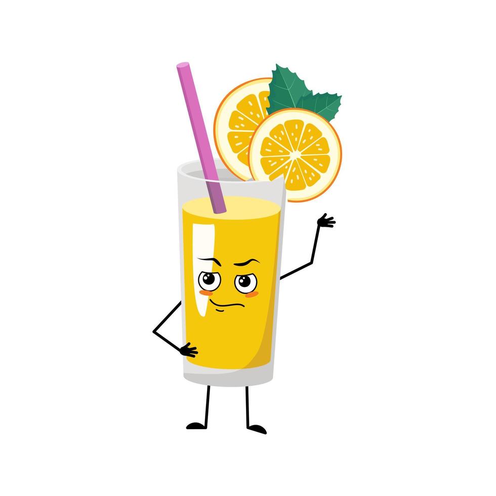 smoothie de laranja com personagem de frutas e palha com emoções de herói, rosto corajoso, braços e perna. bebida saudável em vidro com expressão de coragem e pose. ilustração vetorial plana vetor