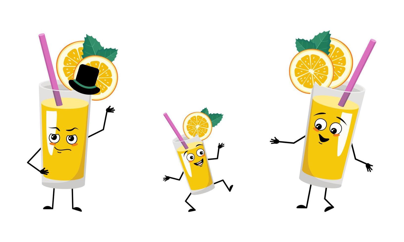 família de personagem de smoothie laranja com emoções felizes e poses, rosto de sorriso, olhos, braços e pernas. mãe está feliz, pai está usando chapéu e criança com pose de dança. ilustração vetorial plana vetor