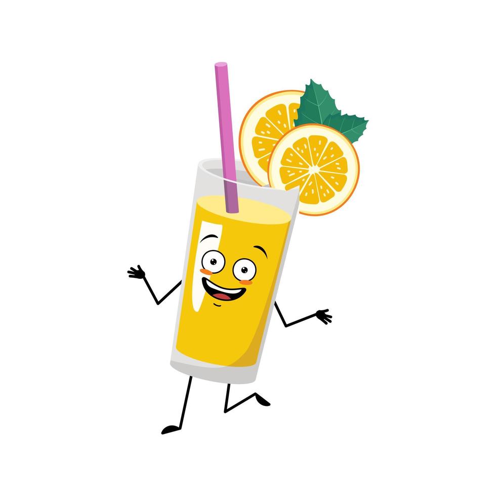 smoothie de laranja com personagem de frutas e palha com emoções alegres loucas, rosto feliz, olhos, braços e pernas dançantes. bebida de vitamina saudável em expressão engraçada de vidro e pose. ilustração vetorial plana vetor