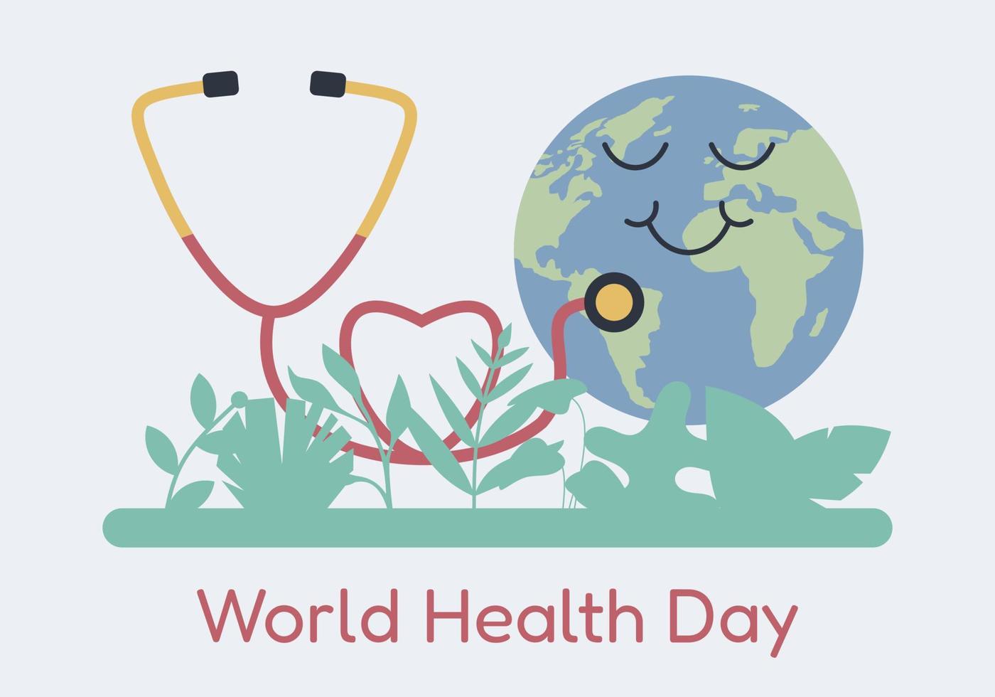 O Dia Mundial da Saúde é um dia global de conscientização sobre a saúde comemorado todos os anos em 7 de abril. design de ilustração de saúde vetorial moderno com globo e estetoscópio. vetor