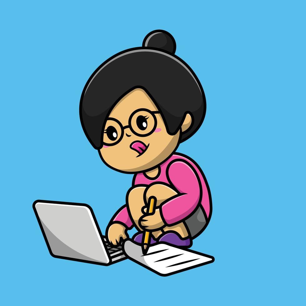 linda garota trabalhando na ilustração de ícone de vetor dos desenhos animados de laptop. pessoas profissão ícone conceito isolado vetor premium.