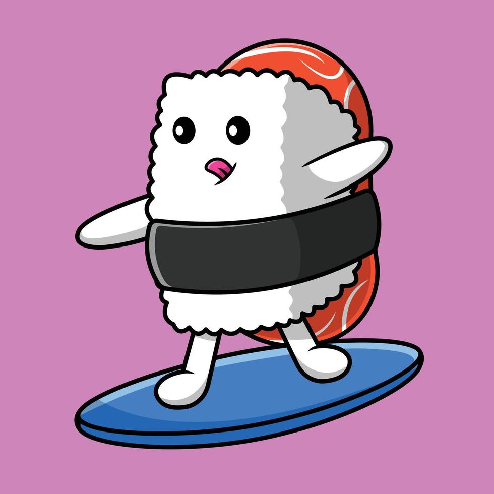 bonito sushi surfando com ilustração de ícone de vetor de desenhos animados de prancha de surf. comida esporte ícone conceito isolado vetor premium.