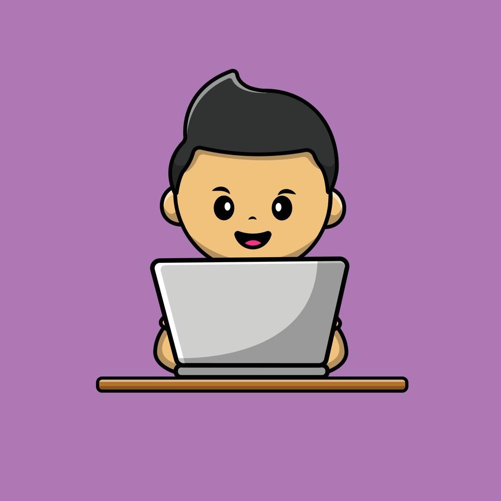 menino bonito, trabalhando na ilustração de ícone de vetor de desenhos animados de laptop. conceito de ícone de negócios de pessoas isolado vetor premium.