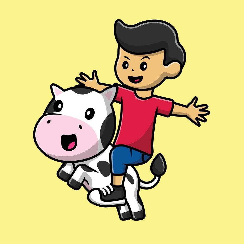 menino bonito montando ilustração de ícone de vetor dos desenhos animados de vaca. pessoas animal ícone conceito isolado vetor premium.
