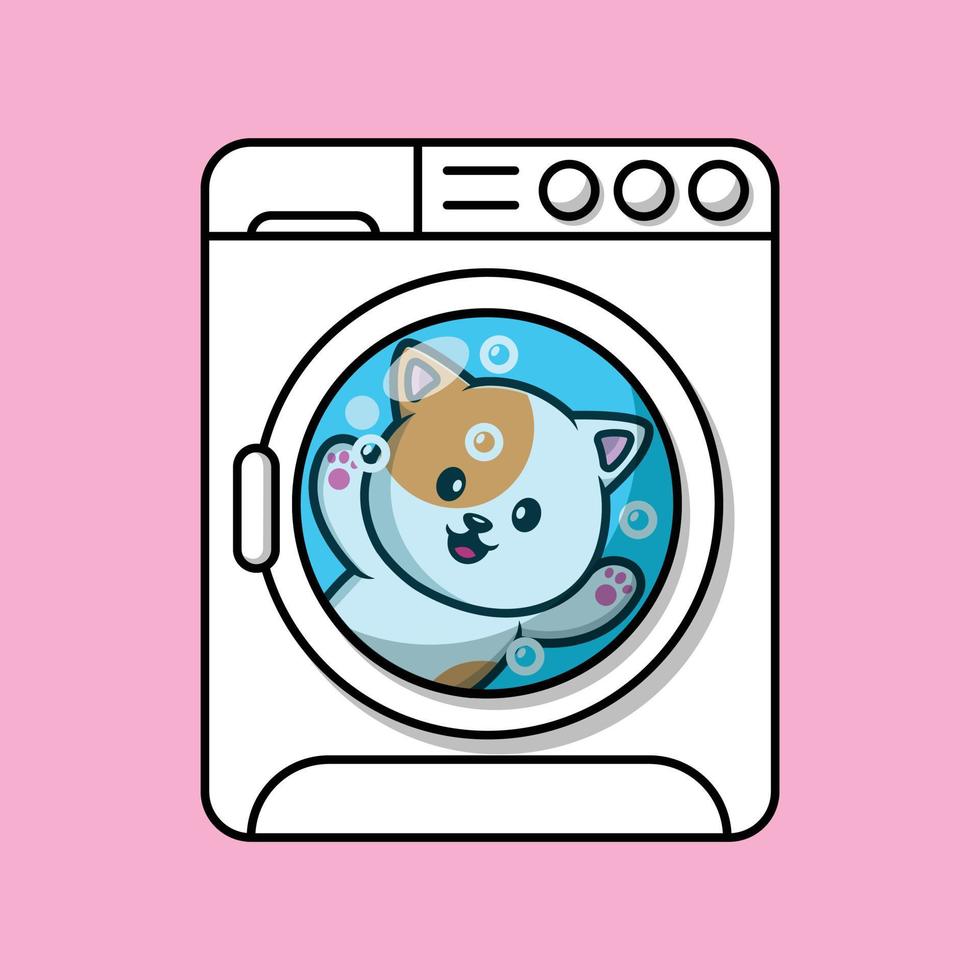 gato bonito nadando na ilustração do ícone do vetor dos desenhos animados da máquina de lavar. animal objeto ícone conceito isolado vetor premium.