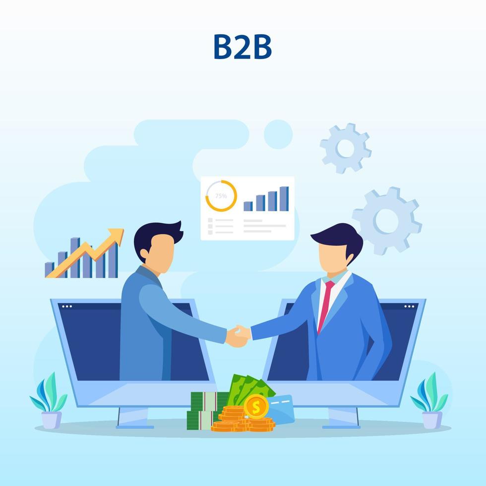 conceito de marketing de negócios para negócios, solução b2b, dois parceiros de negócios apertando as mãos. vetor