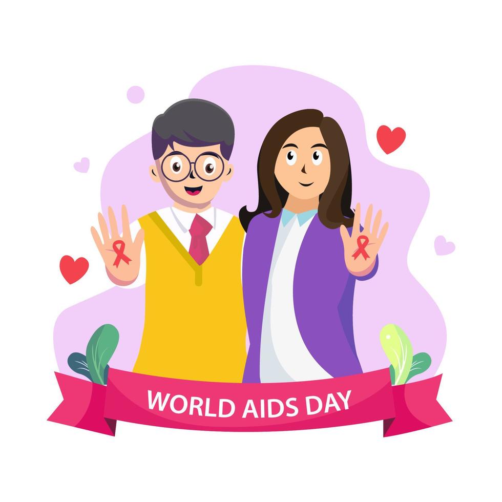 design conceitual dia mundial da aids. um casal comemorando a conscientização do dia mundial da aids com fita vermelha. modelo de vetor plano