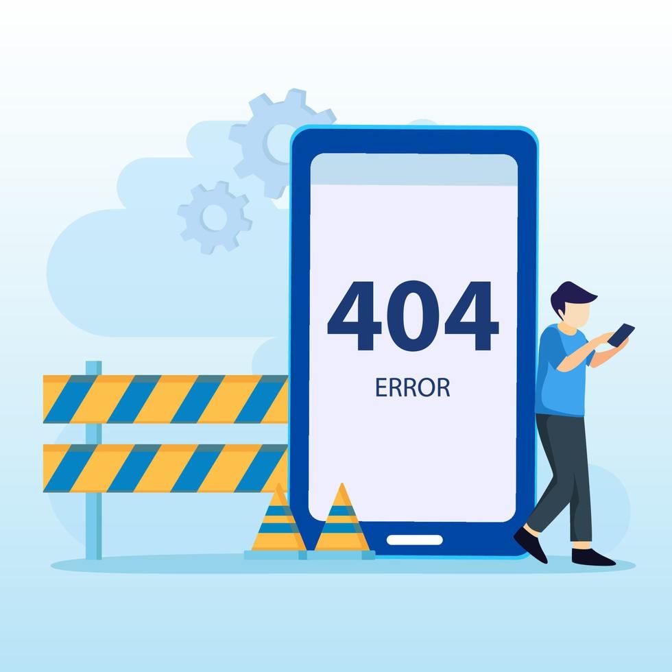 Tecnologia de sistema de manutenção de ilustração de erro 404. mostrando 404 mensagem de problema de conexão com a internet, vetor plano