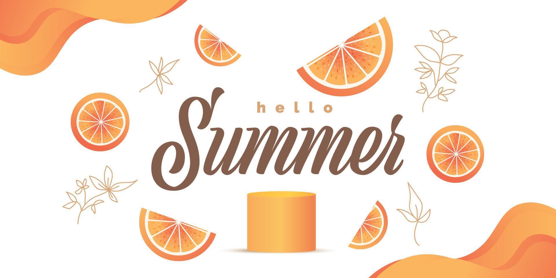 Olá fundo de verão com laranjas isoladas no fundo branco. fundo festivo de verão para design de banner ou cartaz vetor