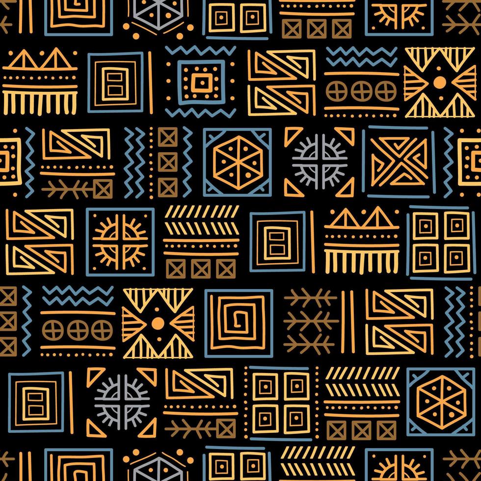 padrão sem emenda de retalhos maias. cores preto e dourado. vetor