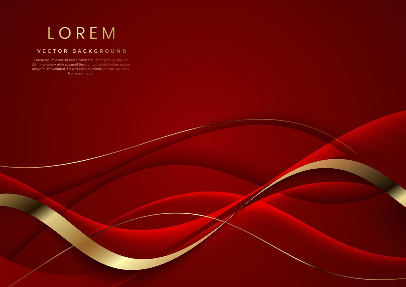 fundo abstrato modelo 3d vermelho com linhas de ouro curvas onduladas com espaço de cópia de texto. estilo de luxo. vetor