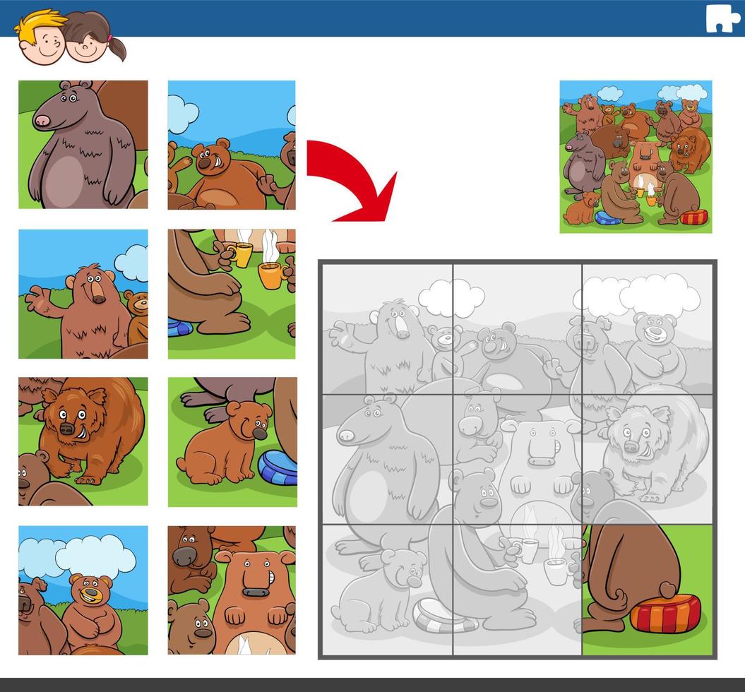 tarefa de quebra-cabeça com personagens de animais de ursos de desenho animado vetor