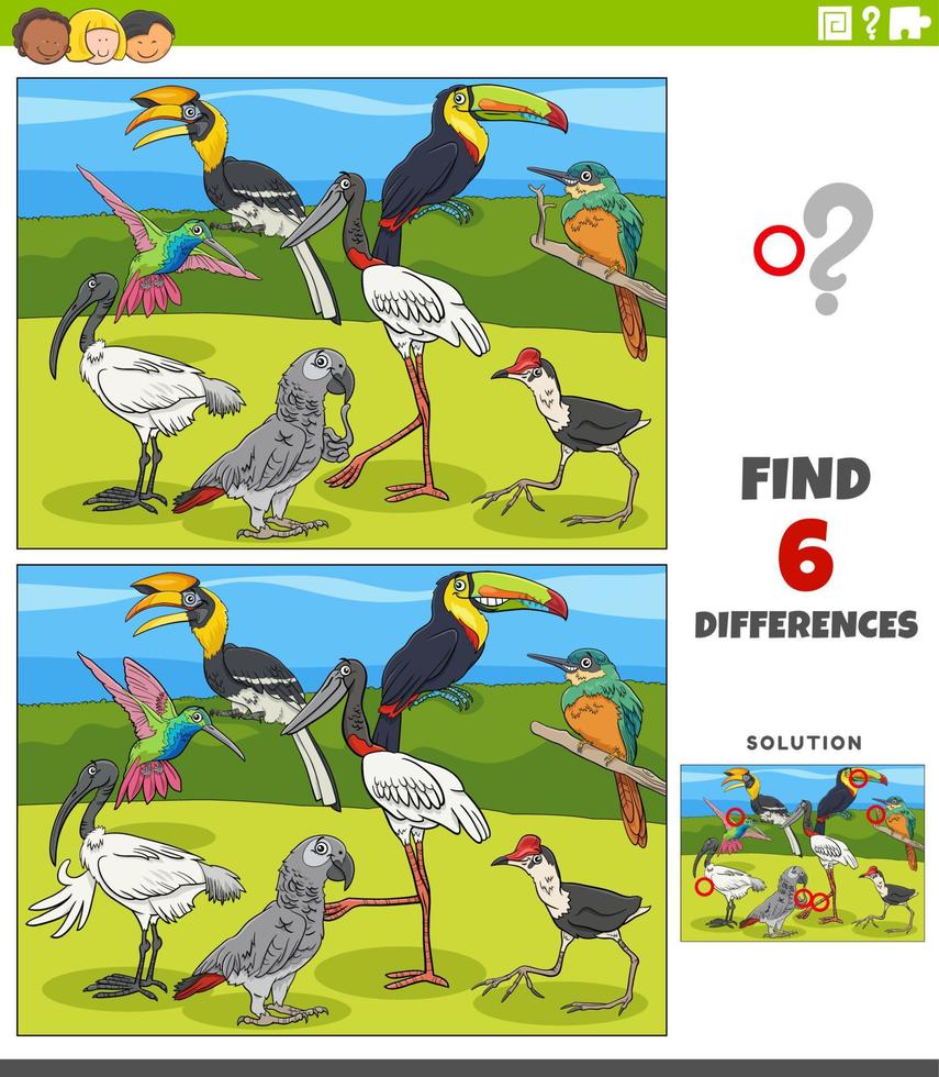 jogo educativo de diferenças com personagens de desenhos animados de pássaros vetor