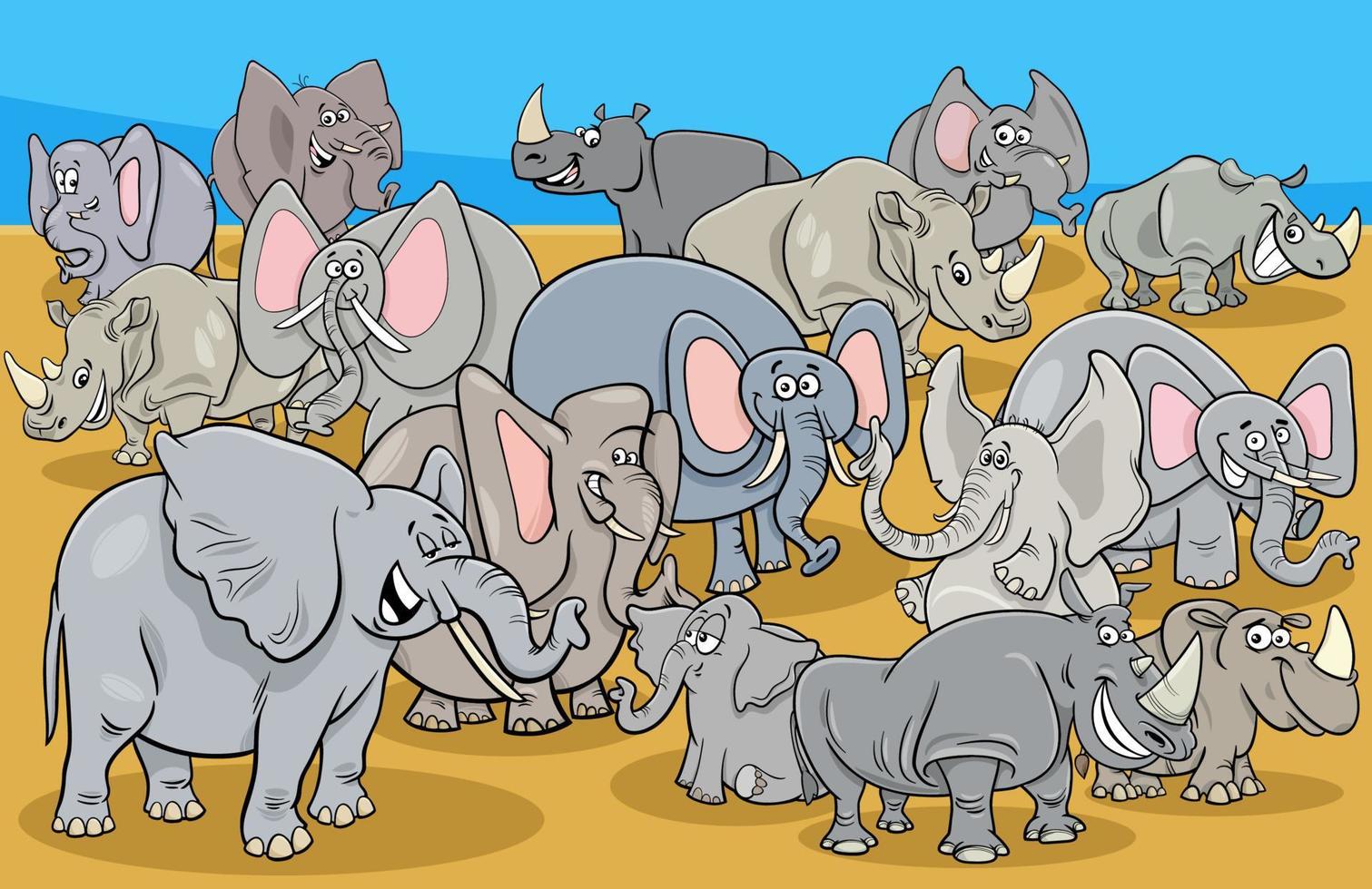 grupo de personagens animais elefantes e rinocerontes vetor