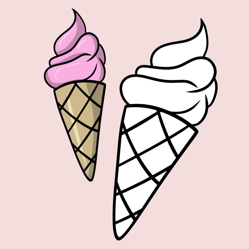 picolé rosa em um copo de waffle, um cone, uma sobremesa doce e fria, uma ilustração vetorial de desenho animado sobre um fundo claro. um conjunto de ilustrações, um livro para colorir. vetor