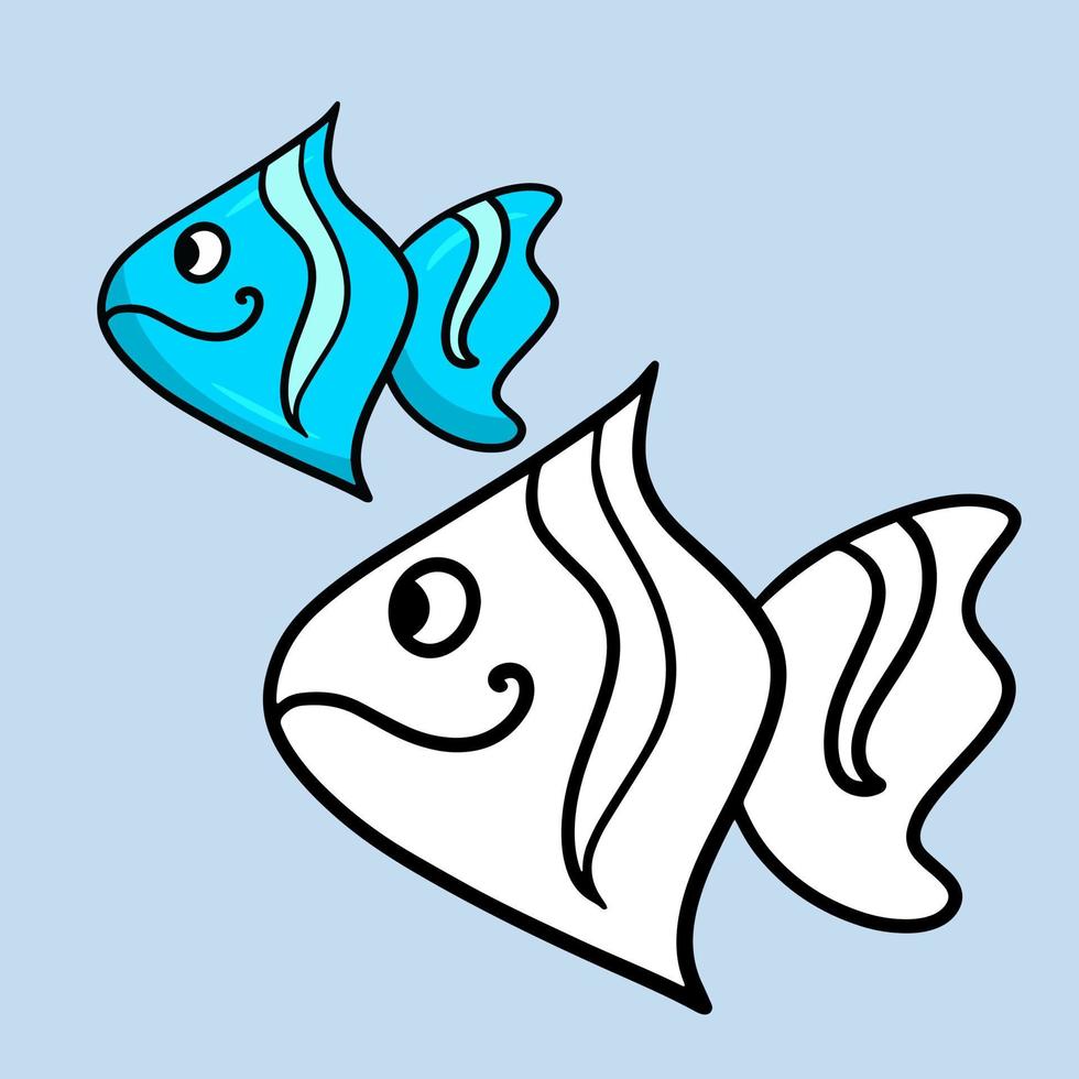 um conjunto de desenhos a cores e esboços, um livro de colorir. peixe azul brilhante bonito dos desenhos animados, habitante de mares tropicais, peixes de aquário, ilustração vetorial em um fundo claro vetor