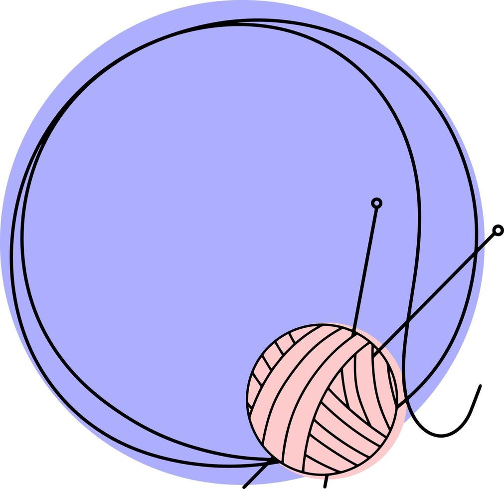 moldura redonda roxa clara com um espaço vazio para inserção, para bordado, tricô com bola e agulhas de tricô, desenho com uma linha vetor