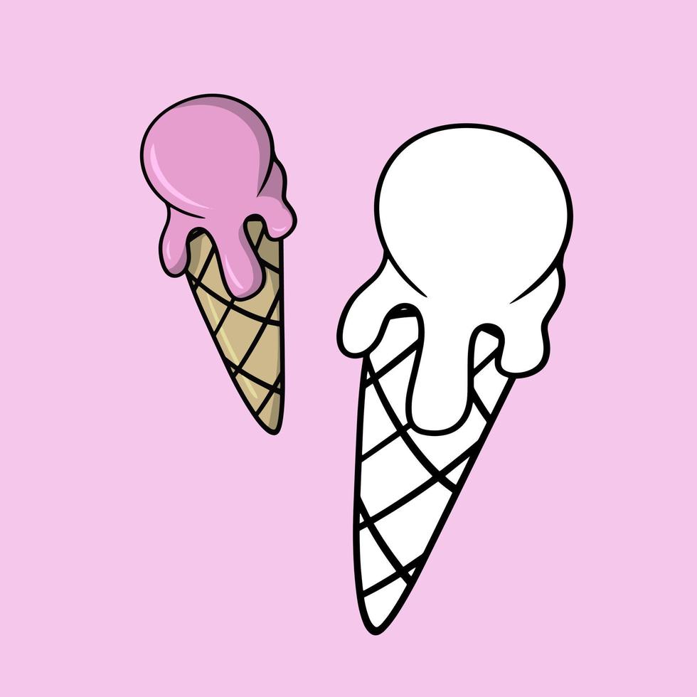 um conjunto de fotos. doce sobremesa fria, sorvete de frutas em uma xícara de waffle, cone, ilustração vetorial de desenho animado para livro de colorir vetor