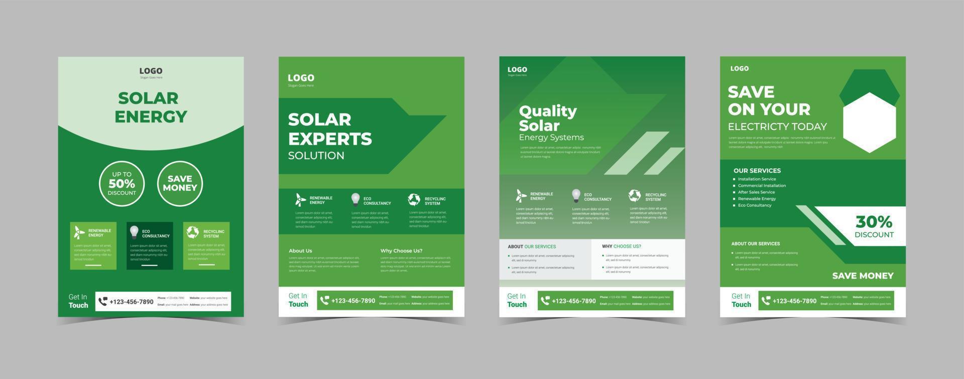 modelo de design de cartaz de energia eólica e solar, modelos de panfleto de energia solar, panfleto de soluções de especialistas em energia solar, pacote de modelo de design de panfleto de energia solar. vá design de folheto de cartaz de economia de energia verde vetor