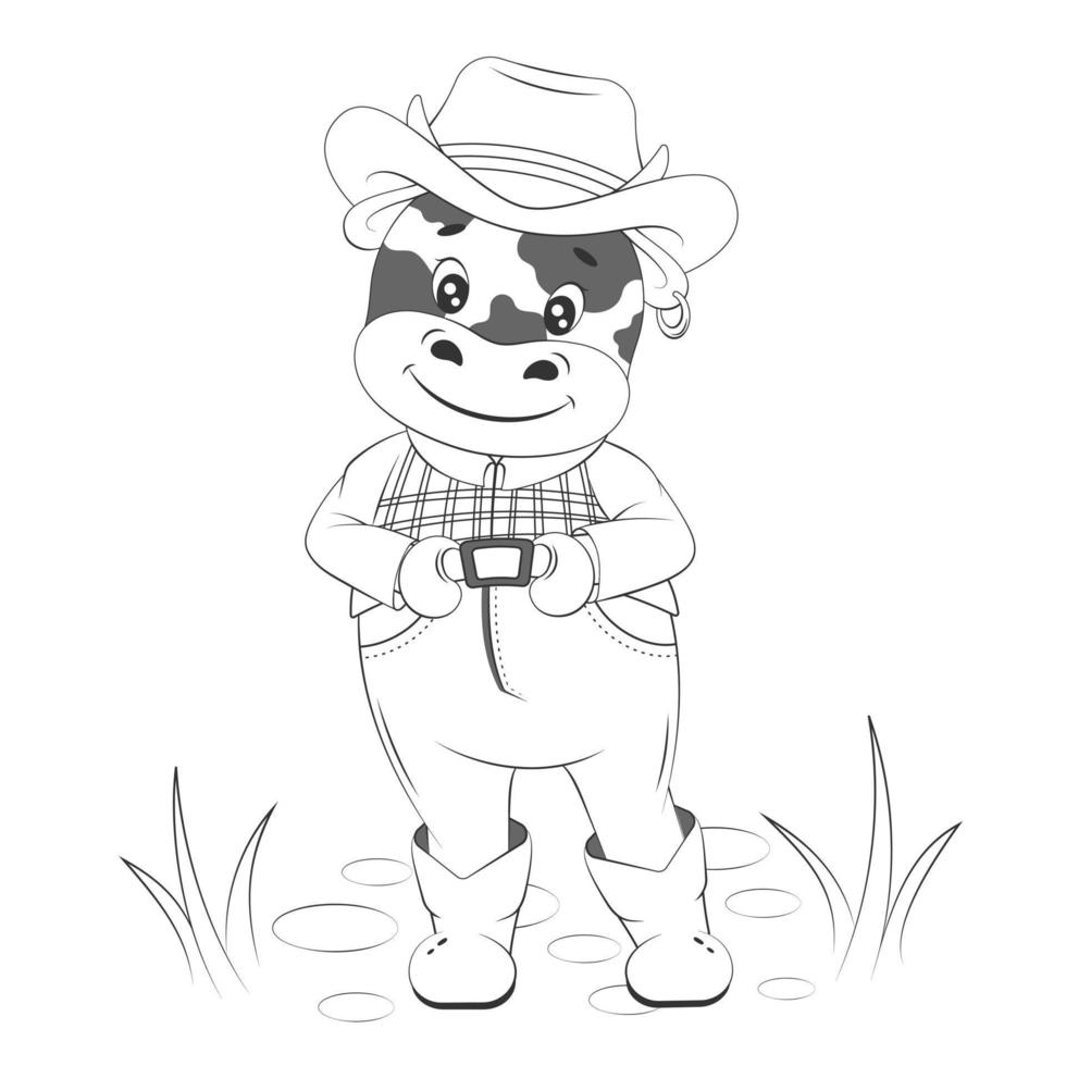 agricultor de bezerro de cowboy bonito. estilo de desenho animado. ilustração de crianças monocromáticas. ilustração vetorial. vetor