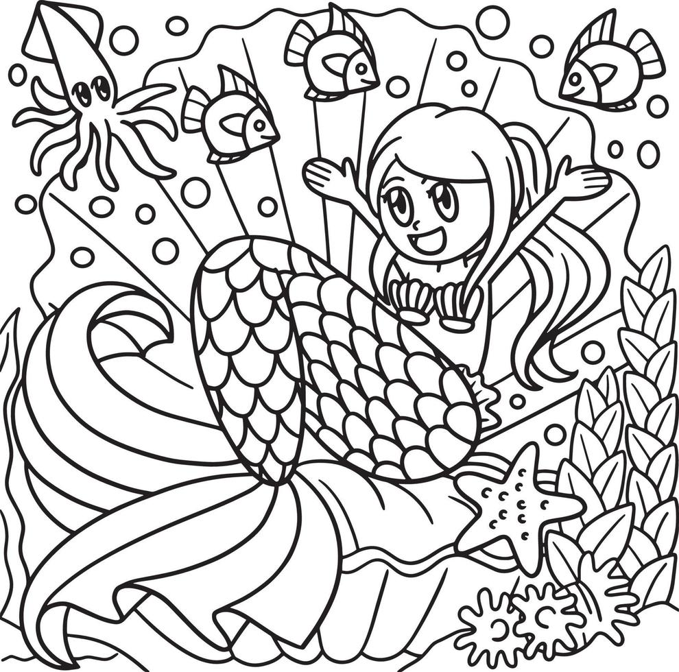 desenho de sereia sentada em uma concha gigante para colorir vetor