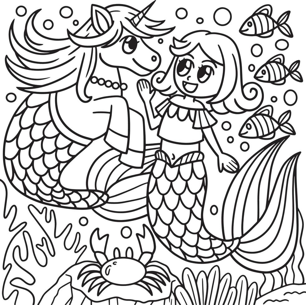 desenho de sereia com unicórnio para colorir para crianças vetor