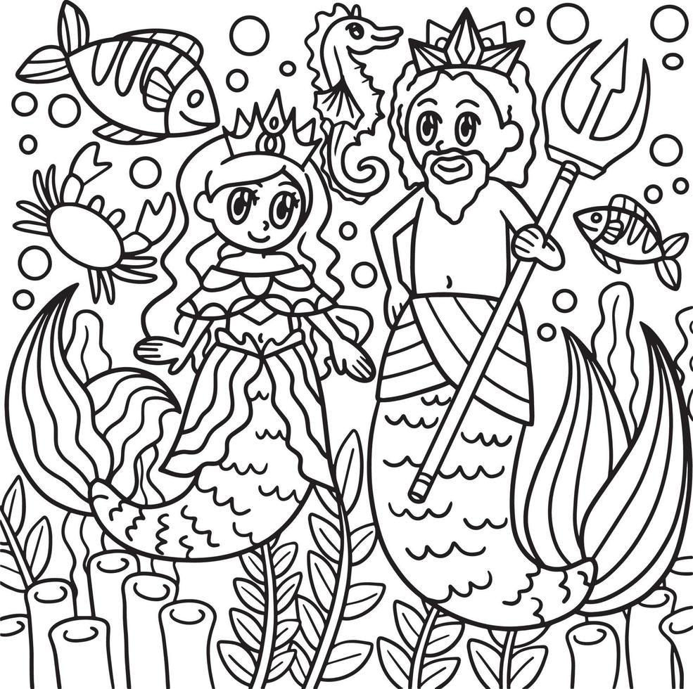 desenho de princesa sereia e rei tritão para colorir vetor
