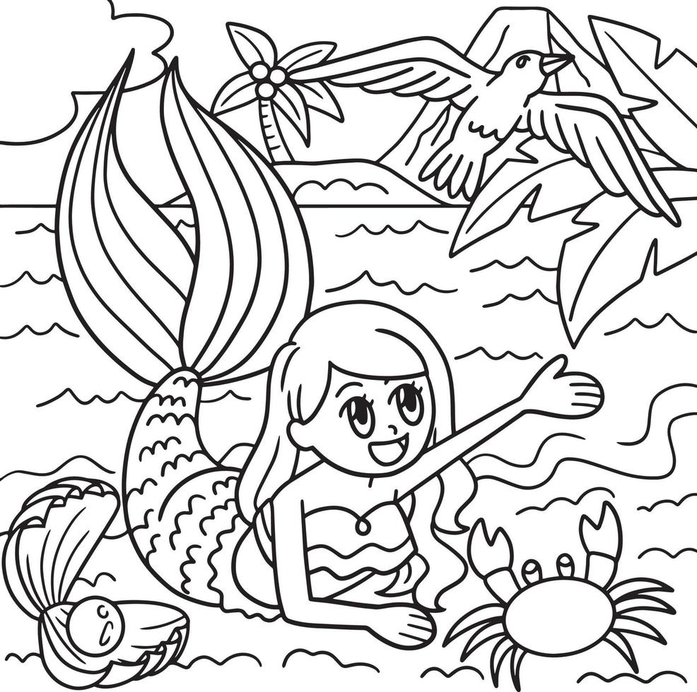 Desenho para colorir para crianças. Bonita sereia dos desenhos animados  está sentado na rocha. Personagens kawaii vetores. Estrela-do-mar . imagem  vetorial de kristina0702© 378224690