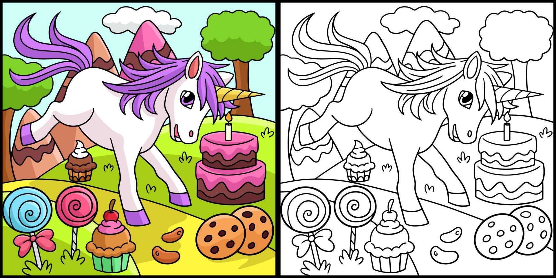 unicórnio na terra dos doces ilustração de página para colorir vetor