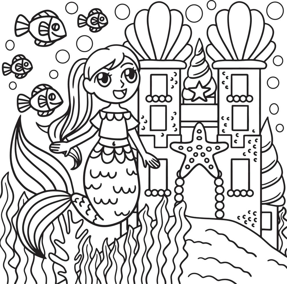 desenho de sereia na frente de um castelo para colorir vetor