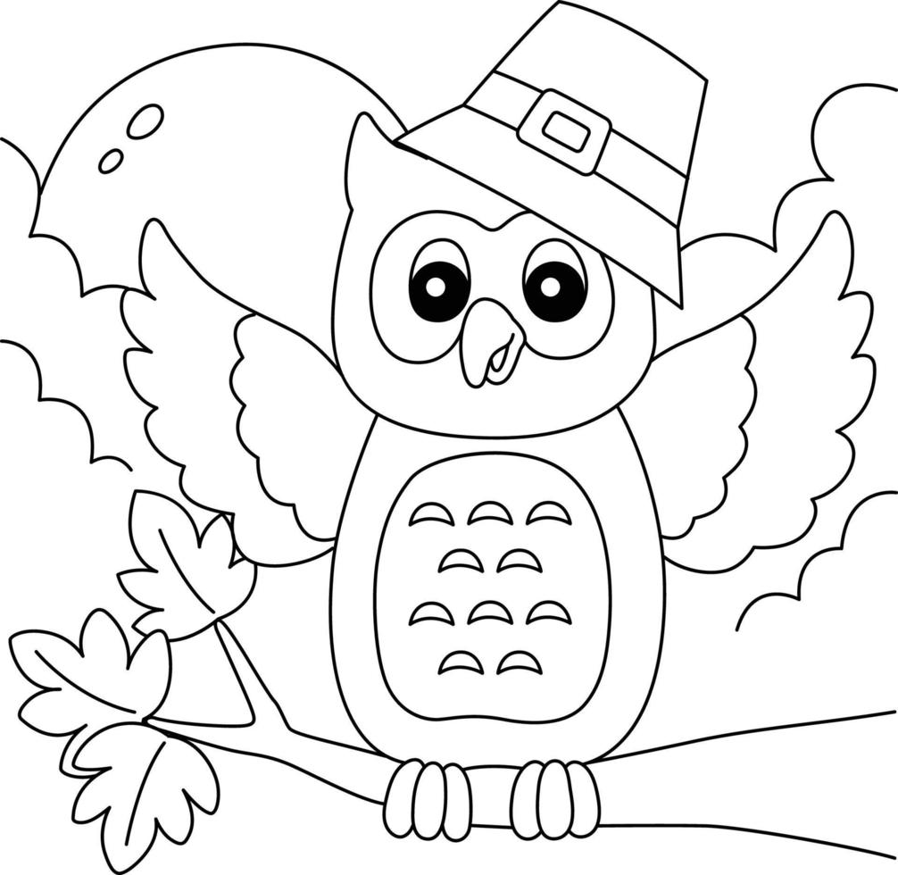 desenho de coruja de ação de graças com chapéu de peregrino para colorir vetor