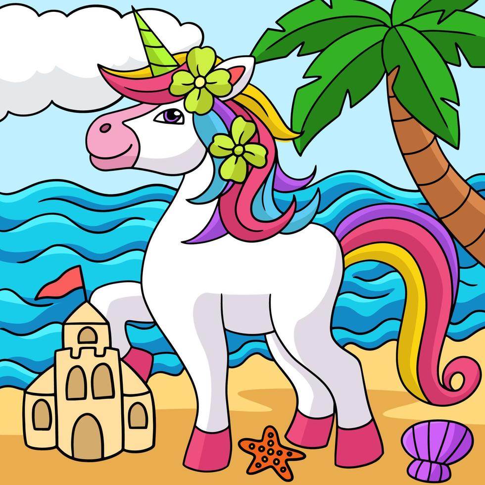 unicórnio na ilustração de desenho animado colorido de praia vetor