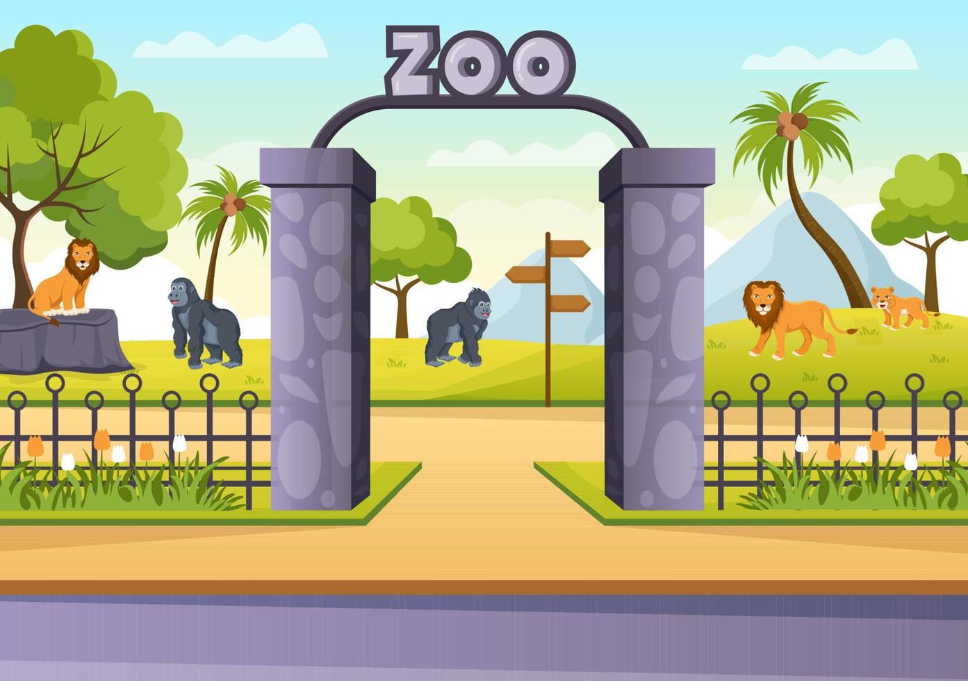 ilustração dos desenhos animados do zoológico com animais de safári elefante, girafa, leão, macaco, panda, zebra e visitantes no território no fundo da floresta vetor