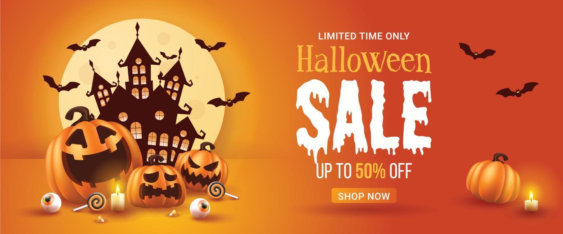 feliz banner de venda de halloween. ilustração vetorial de halloween com abóboras de halloween e elementos de halloween. vetor