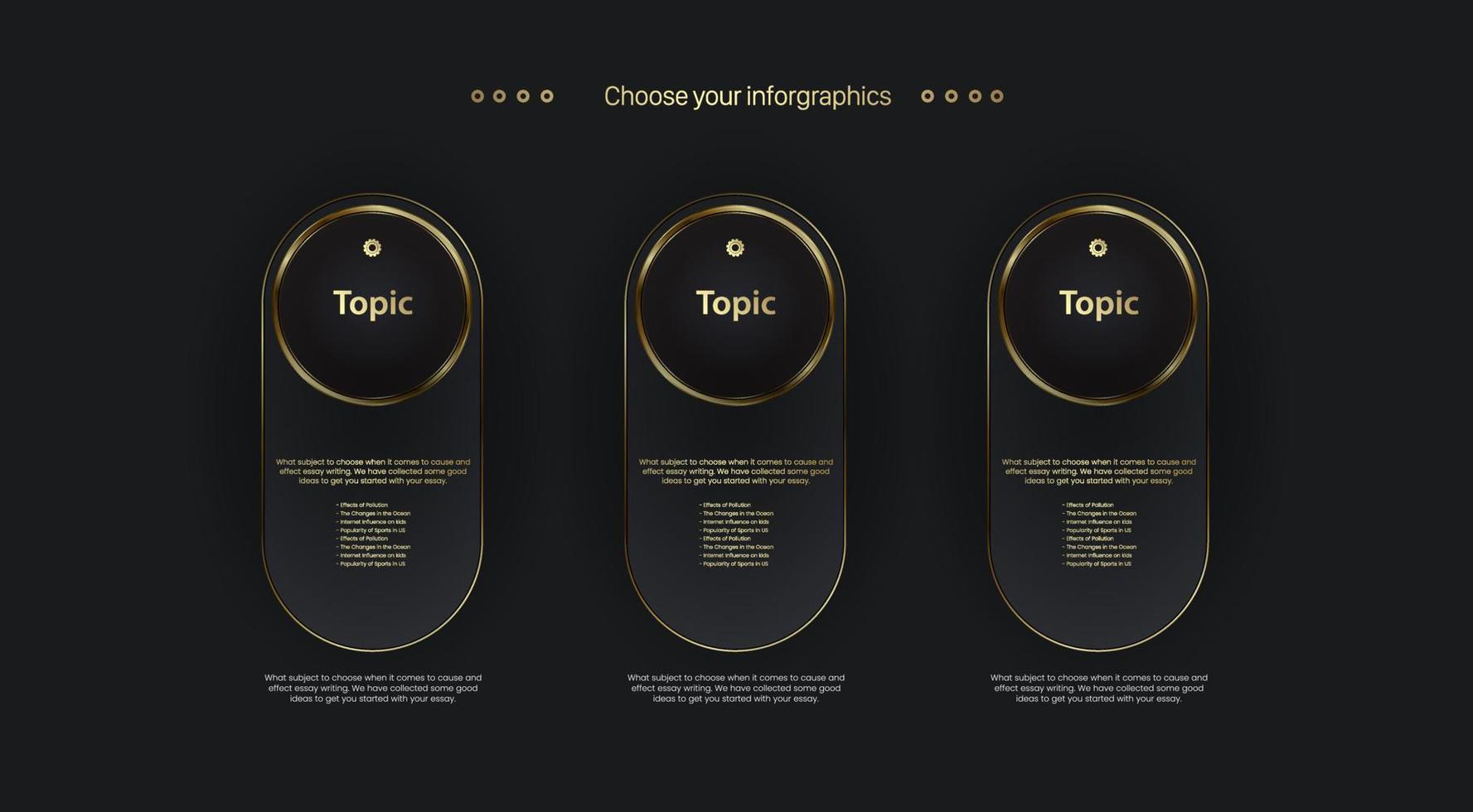 conjunto de design de botões de formas de círculos de ouro e layout de três opções com modelos de ícones igolden, símbolos modernos e vetor de texto de exemplo, ilustração