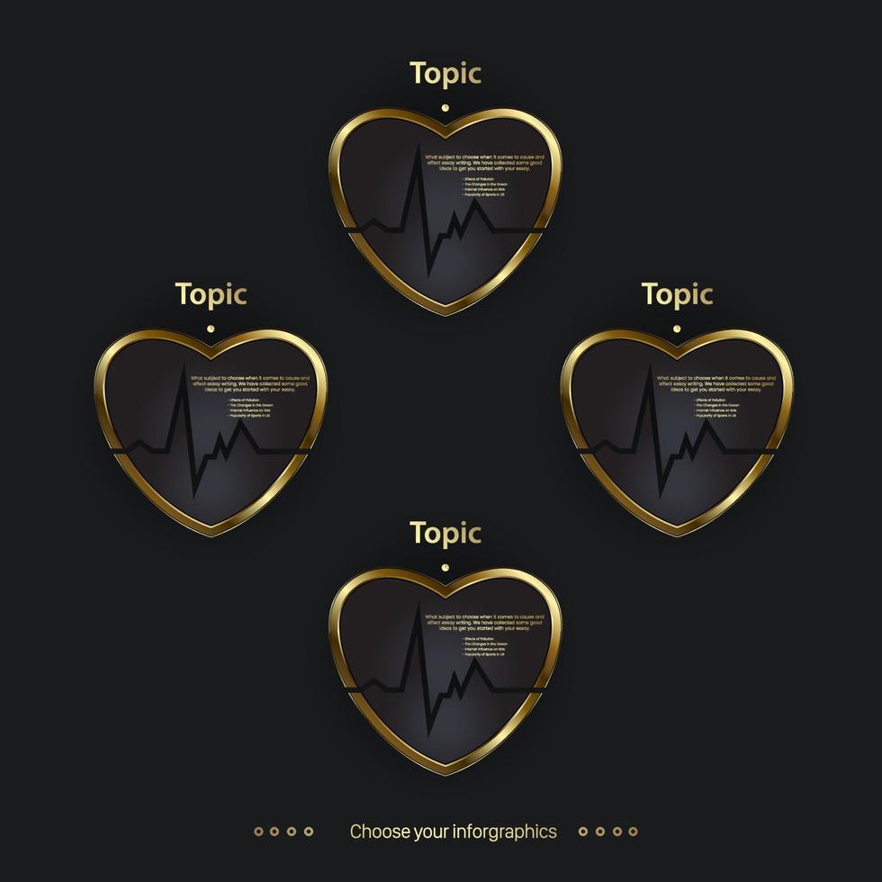grupo de design de ícone de coração médico de ouro, um símbolo de coração saudável em fundo escuro, vetor, ilustração vetor