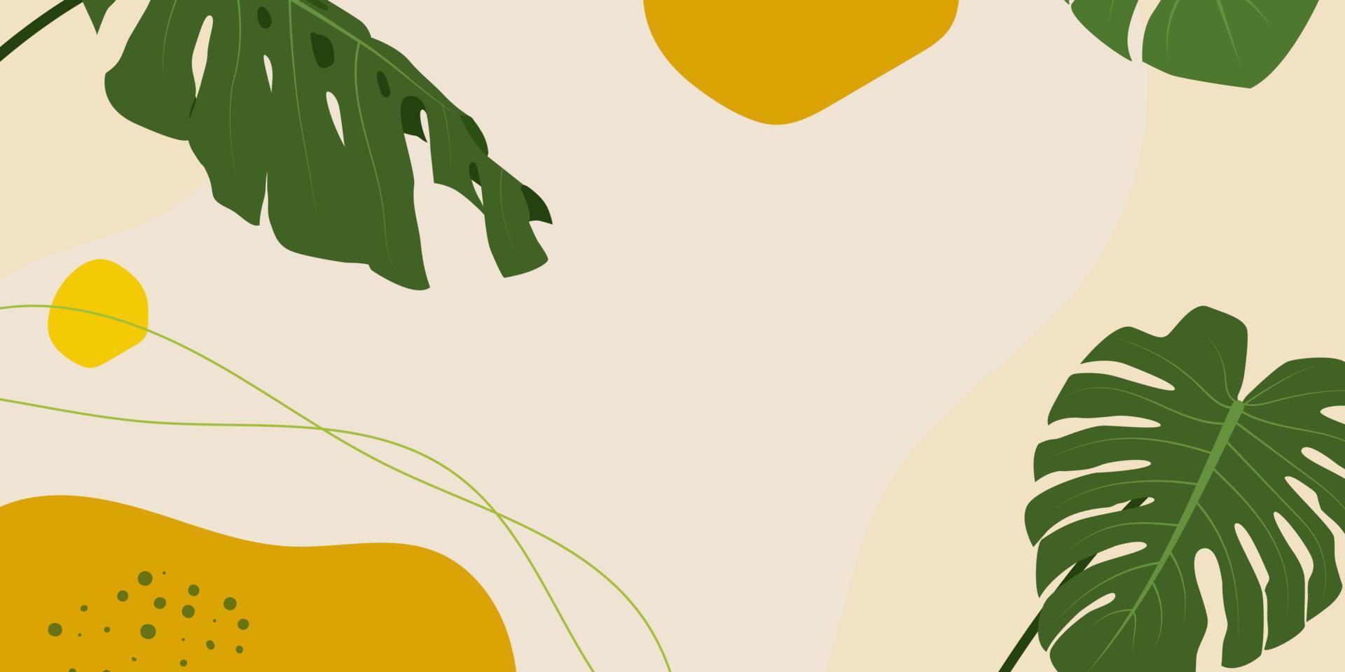 banner de verão, venda de verão. ilustração vetorial plana com folhas tropicais e linhas abstratas em estilo doodle. ilustração vetorial vetor